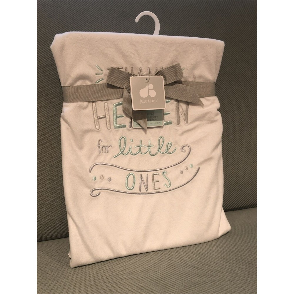 Just Born Blanket Thank Heaven for Little Ones Gray Satin Trim White Fleece New